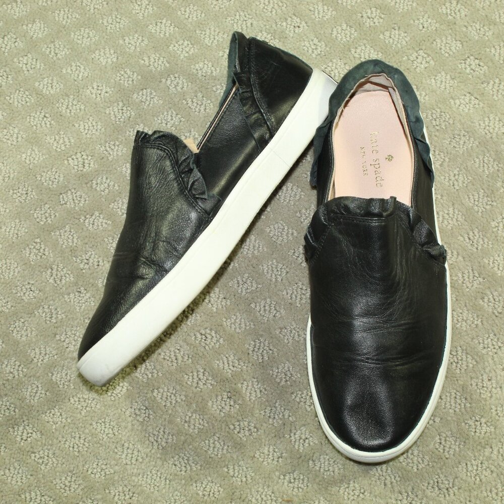 Kate Spade Women's Lilly Sneakers Size 8M Black Leather Casual Ruffled Slip-On